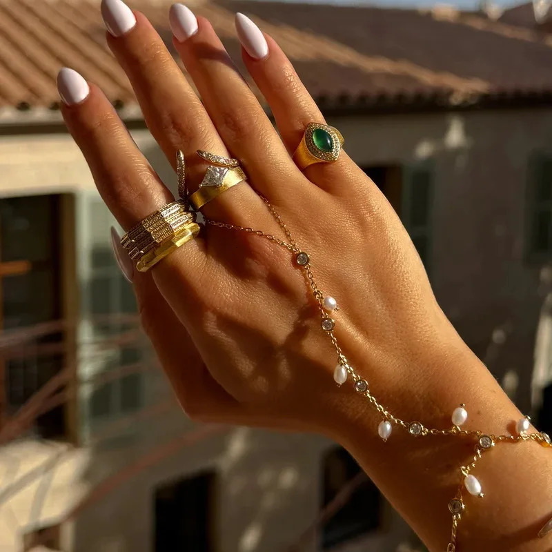 Green Blue Gem White Cubic Zirconia CZ Stone Geoemtric Gold Color Fashion Women Finger Pinky Rings 250815