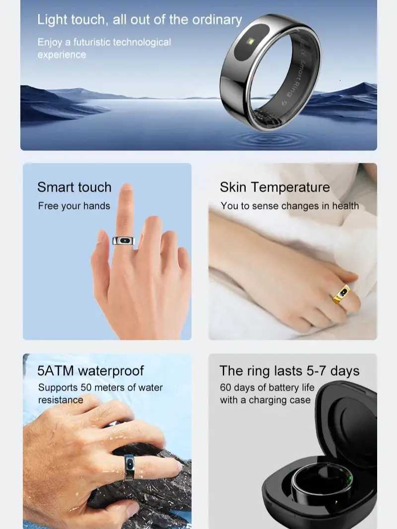 08 Smart Ring For Men Women Touch Control Function Health Monitor IP68 5ATM Waterproof Skin Temperature Measure Smart Ring New W250819