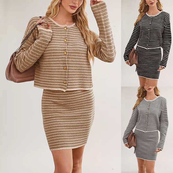 New Autumn And Winter Knitted Cardigan Casual Small Fragrance Style Striped Suit For Women B5