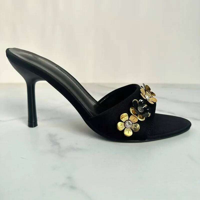Peep Toe Women Summer Modern Sandals Metal Flower Decoration Dress Party Daily Casual Mules Stiletto Female High Heels Shoes