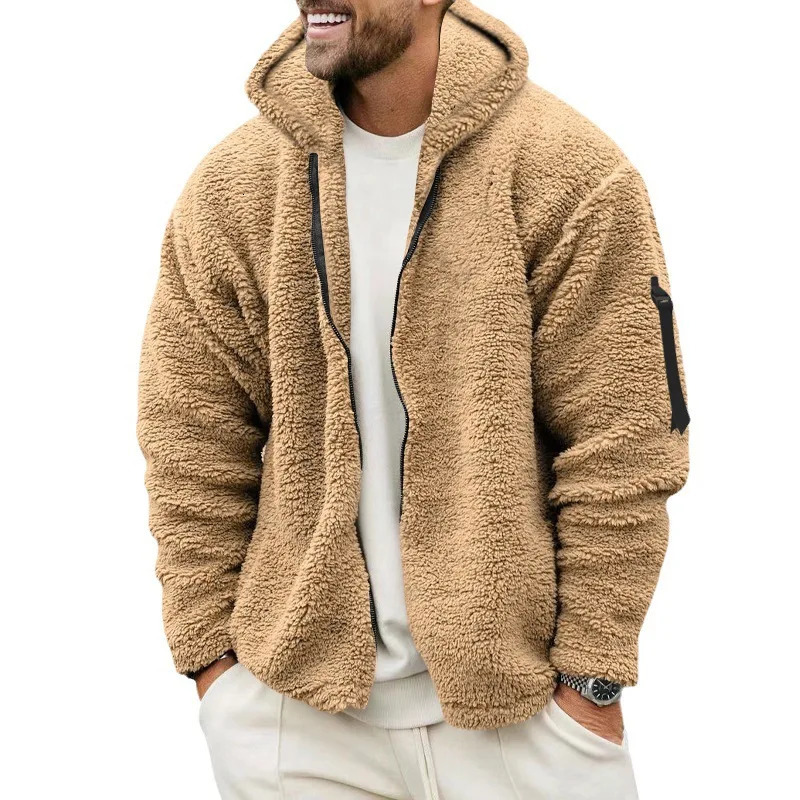 2024 Mens Autumn and Winter Double-Sided Fleece Warm Jacket Loose Hooded Casual Jacket 250814