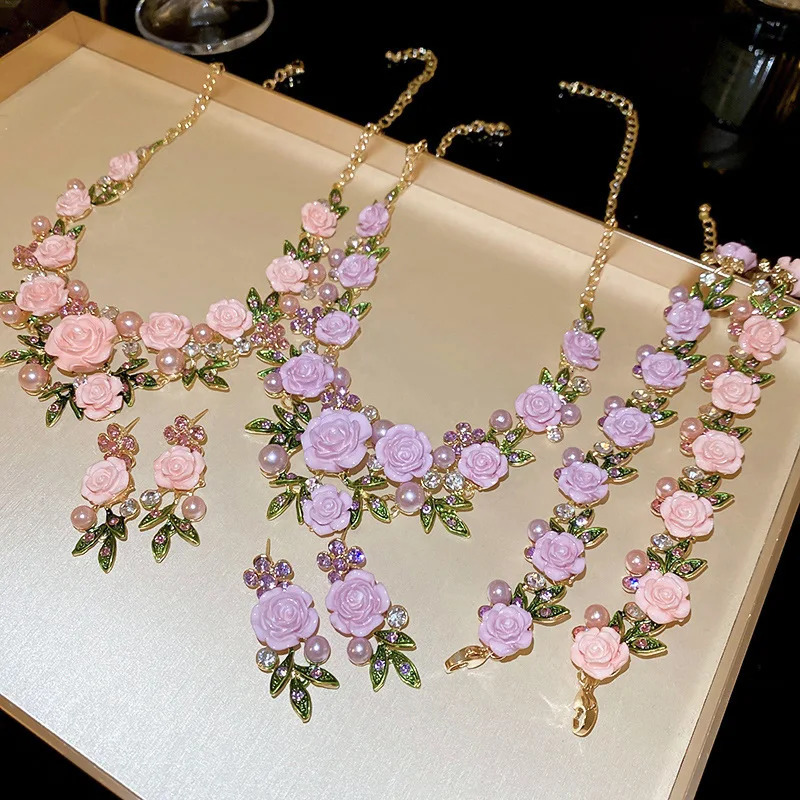 Romantic Rose Flower Necklace Bracelet Stud Earrings Jewelry Set Womens Fashion Pink Purple Choker Necklace for Party Wedding 250818