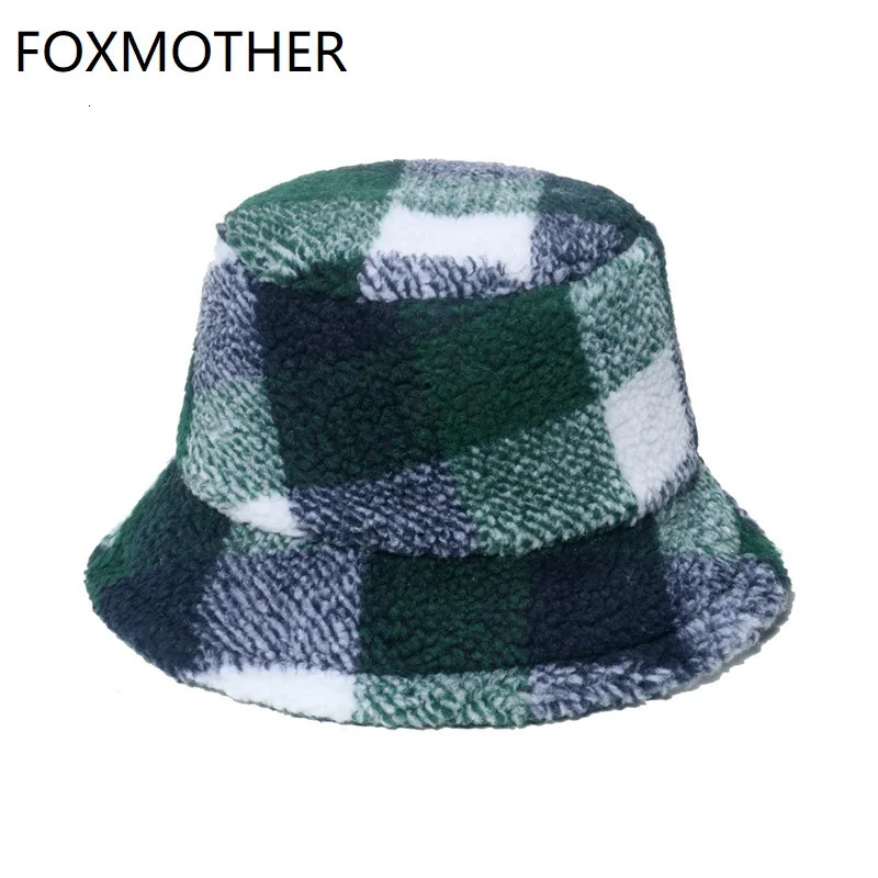 FOXMOTHER Winter Panama British Style Outdoor Lamb Warm Thicken Fluffy Green Tartan Plaid Bucket Hats For Men 250819