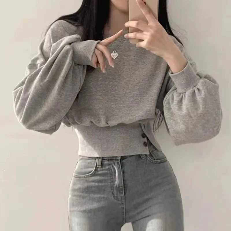 Autumn Women Solid O-Neck Slim Crop Top Lantern Sleeve With Button Sweat Casual Hip-Hop Sporty Pullover Sweet Chic Street Wear XJ250819