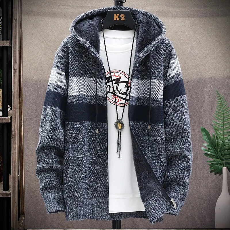 Mens Hooded Cardigan Fleece Sweater Jacket Cardigans Autumn Warm Jumpers Zip Up Male Clothing Japan Knitwear Coat 250819