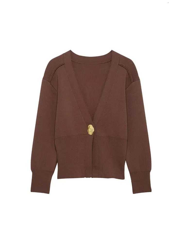 TRZA Women Fashion Front Gold Button Knit Cardigan Sweater V Neck Long Sleeve Outerwear Chic Tops XJ250819