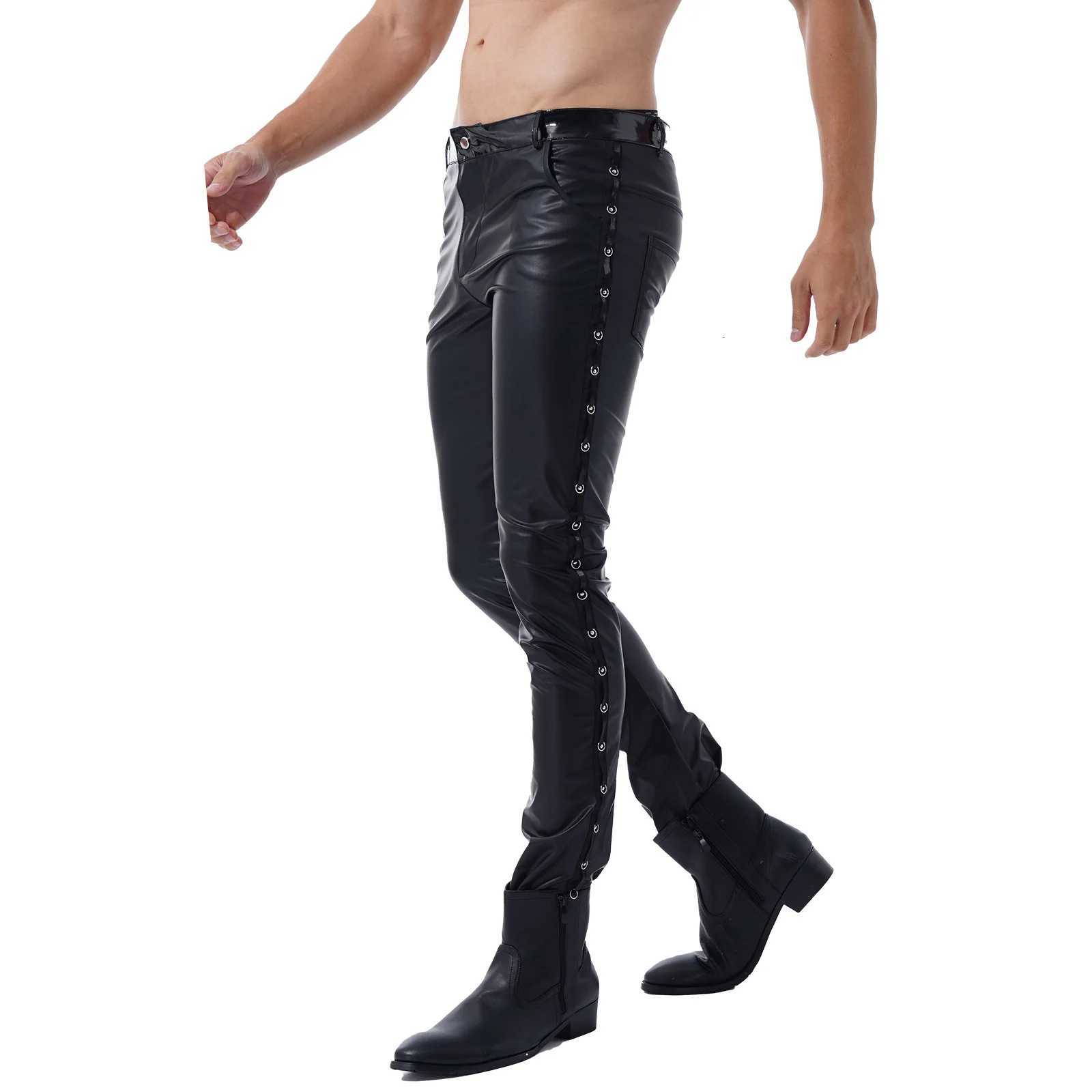Men Leather Pants Skinny Fit Elastic Style Fashion PU Leather Trousers Motorcycle Pants for Party Stage Performance Night Club W250819