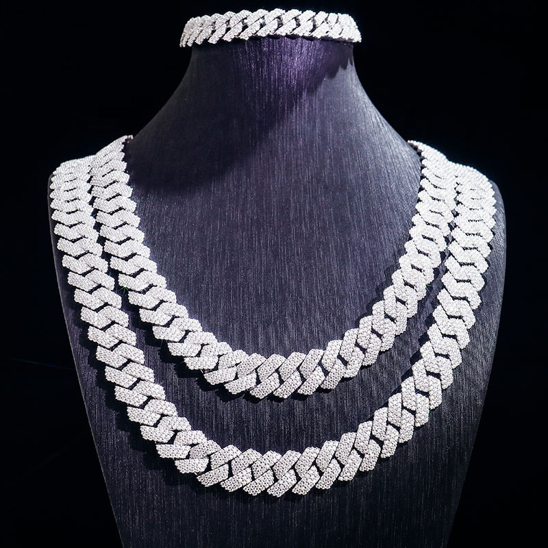 Hot Selling S925 Silver Iced Out Cuban Link Hiphop Jewelry 15mm Pass Diamond Tester D VVS Moissanite Cuban Chain Necklace