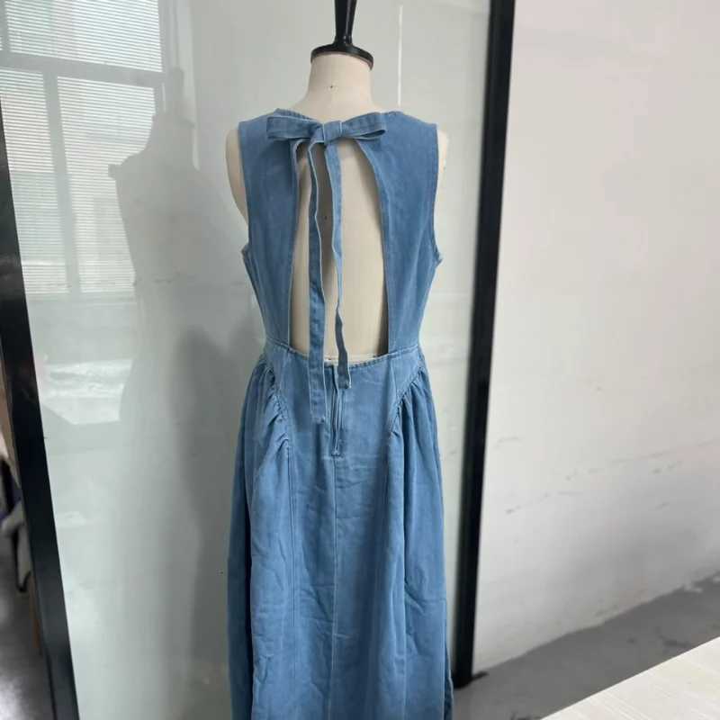 Casual Round Neck Lace Up Backless Denim Dress Sleeveless High Waist Loose Zipper Robe Summer High Street Sexy Solid Clothing M250623