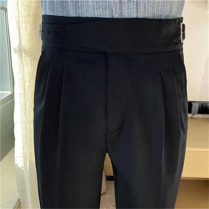 British Style Men High Waist Casual Dress Pant Men Belt Design Slim Trousers Formal Office Social Wedding Party Dress Suit Pants W250819