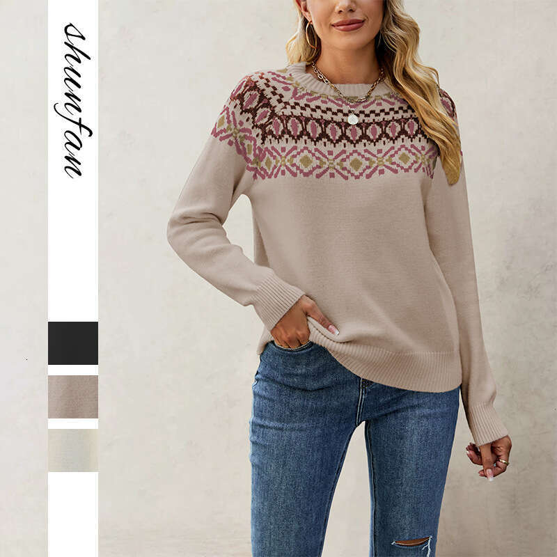 New Women's Knitted Autumn Winter Jacquard Round Neck Pullover Sweater B5