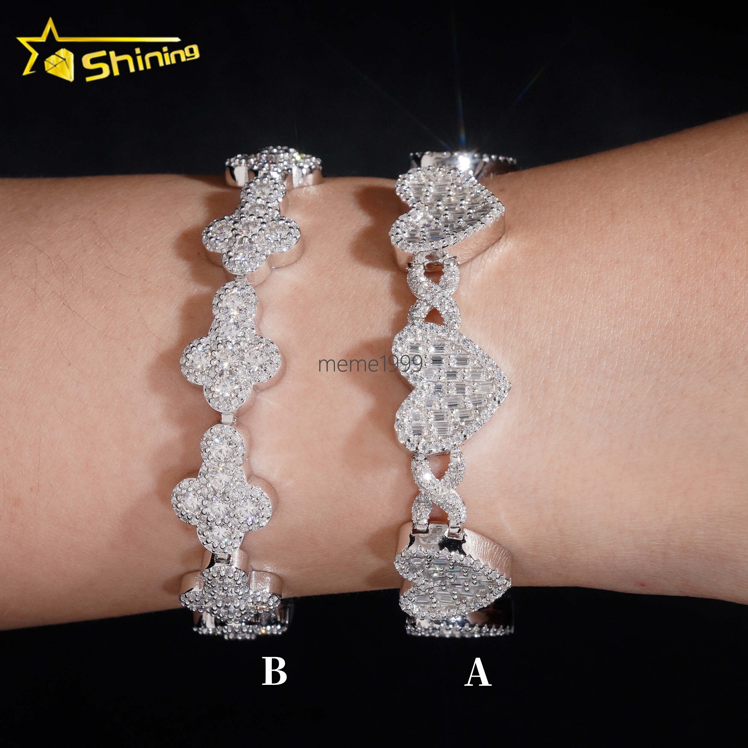 New Popular High Quality Fine Jewelry Sparkle Iced Out Heart 925 Sterling Silver Diamond Moissanite Cuban Link Bracelet