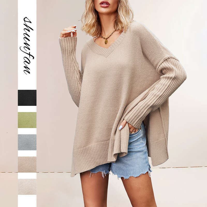 New Autumn Winter Women's Clothing Plus Size Personality Fashion V-Neck Knitted Pullover Sweater B5
