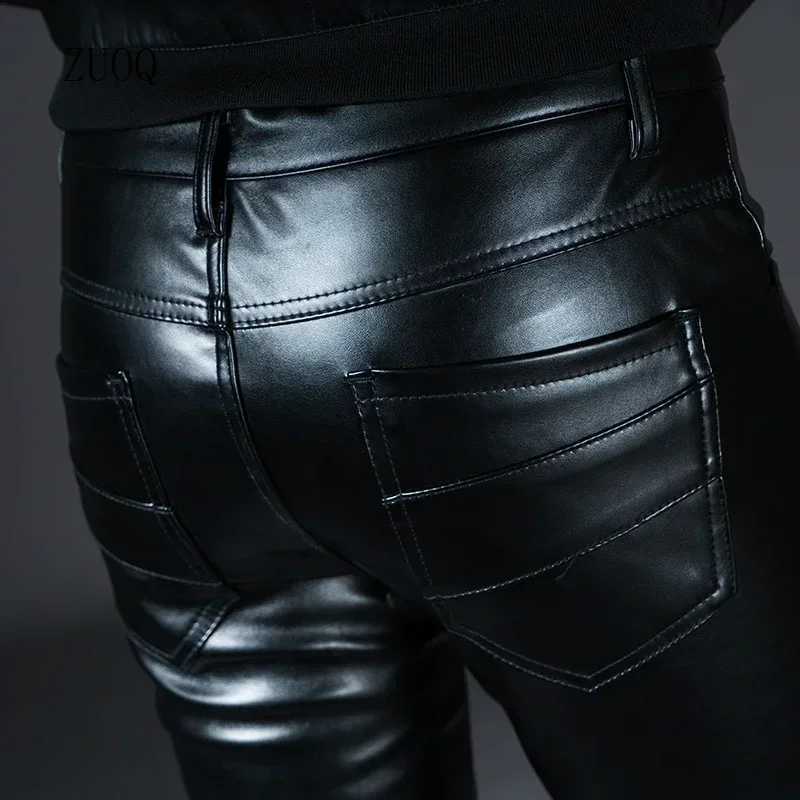 New Winter Mens Skinny Biker Leather Pants Fashion Faux Leather Motorcycle Trousers For Men Stage Club Wear W250819