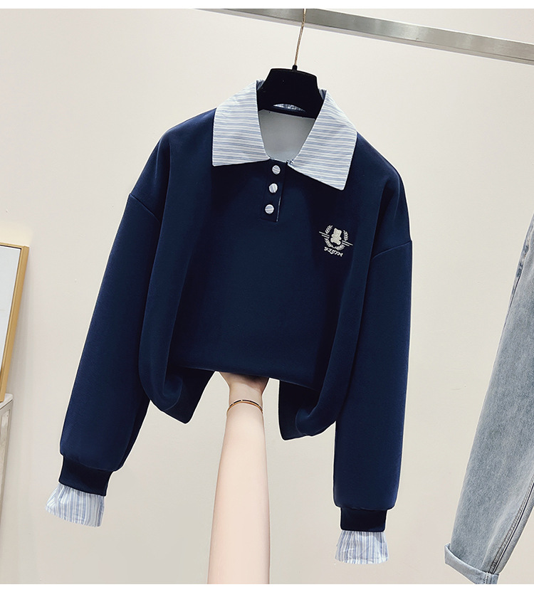Autumn new style striped stitching polo collar fake two-piece art college style American lazy long-sleeved sweater women