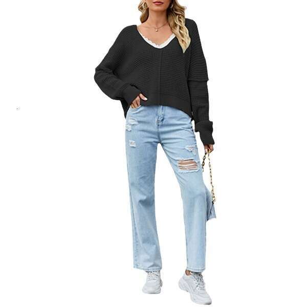 New Off-Shoulder Autumn Winter Women's V-Neck Solid Color Loose Knit Sweater B5