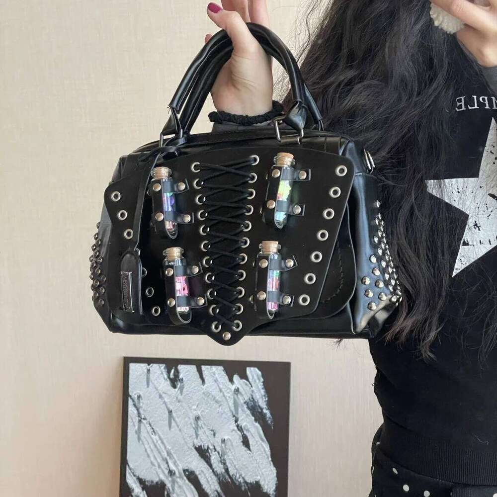 Rivet Desinger Vintage Women S Handbag Fashion High Quality Lace Up Punk Motorcycle Ladies Large Capacity Travel Bag