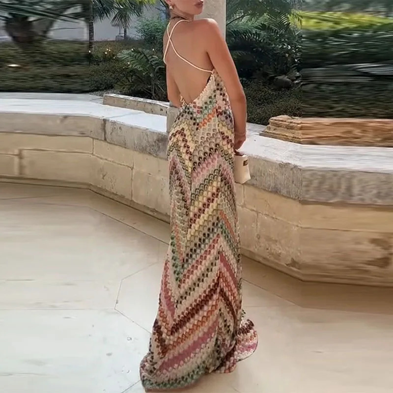 Trendy Contrast Color Suspender Dress Sexy V-neck Sleeveless Slim Beach Vacation Dress Lady High Waist Casual Commute Long Dress 250819