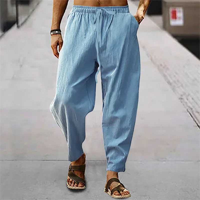 2025 Men Cotton Linen Pants Summer and Autumn Solid High Waist Wide-Leg Trousers Male Loose Hemp Casual Breathable Sports Pants W250819