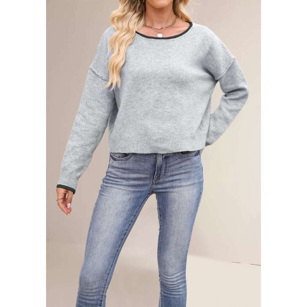 New Women's Clothing Autumn Winter Round Neck Color Block Knitted Loose Versatile Pullover Sweater B3