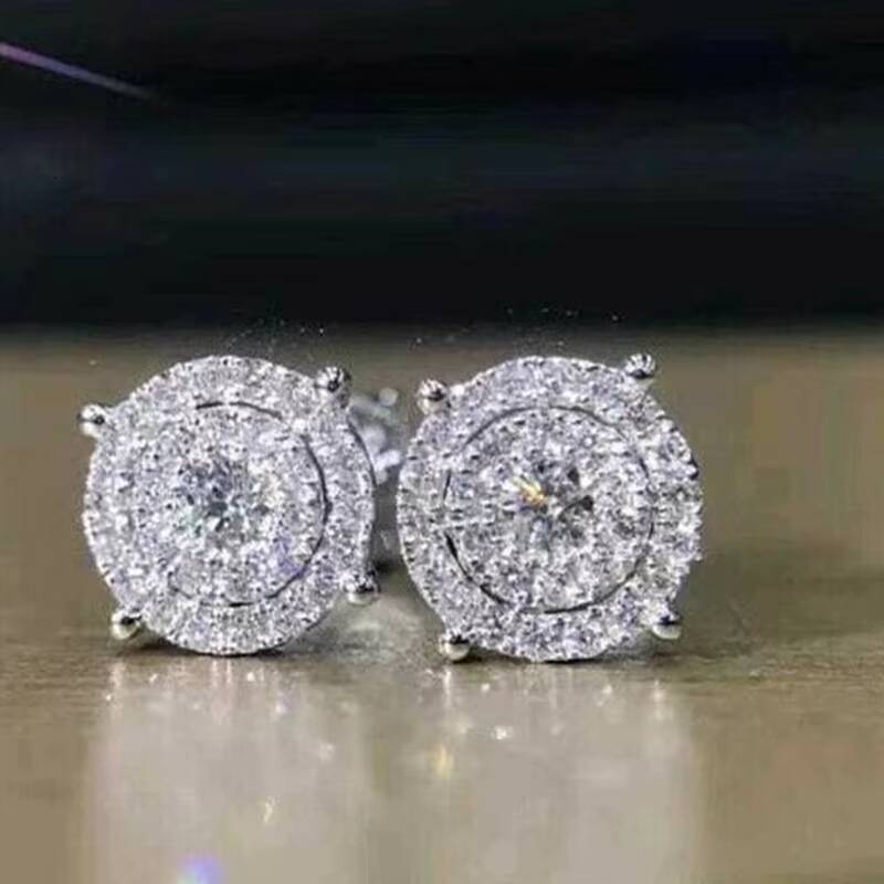 Moissanite Luxury Hot Crystal Full Clear Big Round Stud Earrings Lady Silver Classic Women Girls Daily Stud Earrings