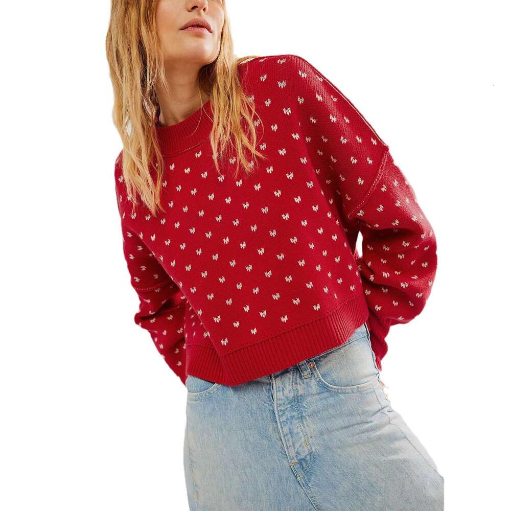 New Autumn Winter Round Neck Knitted Sweater Short Loose Butterfly Jacquard Pullover Women's Fashion B5