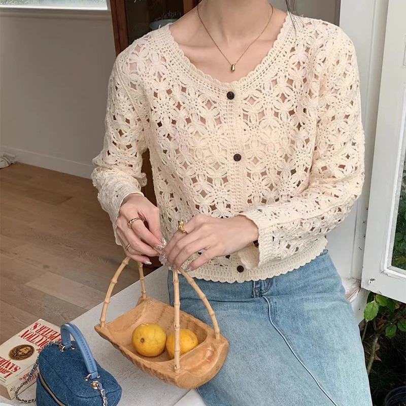 Long Sleeve Crochet Top for Women Sheer Button Up Hollow Out Openwork Knit Cardigan Jacket Spring Summer Boho Vacation Outfit 250819