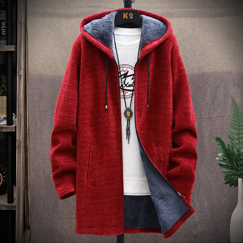 Mens Long Knit Cardigan Autumn Winter Sweater Coat Fleece Heavy Hooded Trench Solid Chenille Fashion Jacket w250819