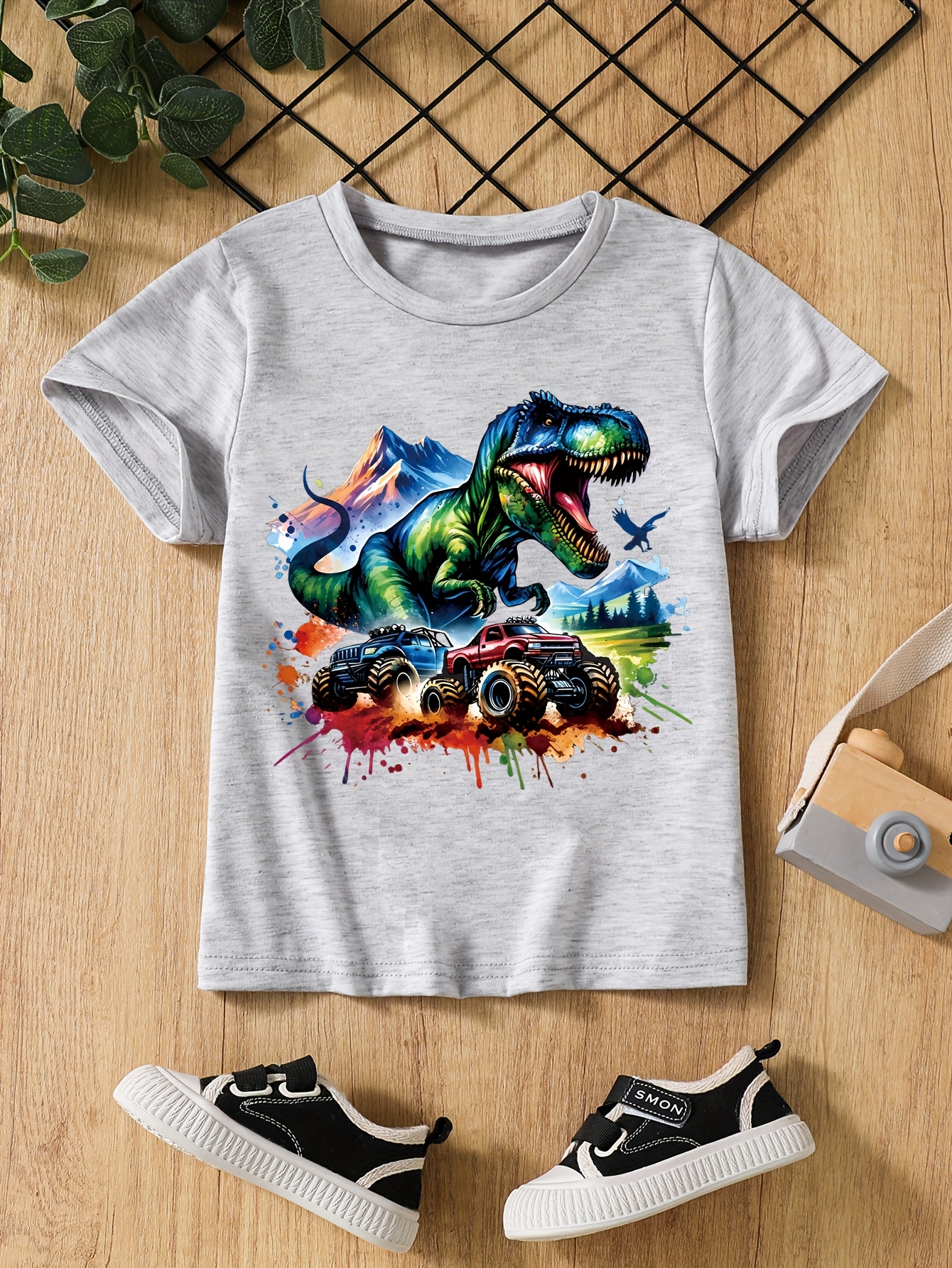 T-shirts Boys' Set of Three Dinosaur Print Short-Sleeve Breathable Quick-Dry T-Shirts