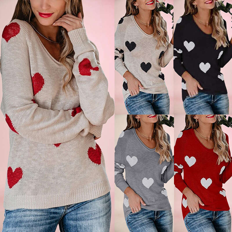 Autumn Winter New Temu Loose Heart Valentine's Day V-Neck Women's Pullover Sweater B5