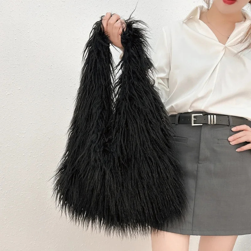 Wool Womens Plush Shoulder Bags Y2k Fur Drawstring Bucket Bag Fashion Female Furry Purse Tote Handbags 250818