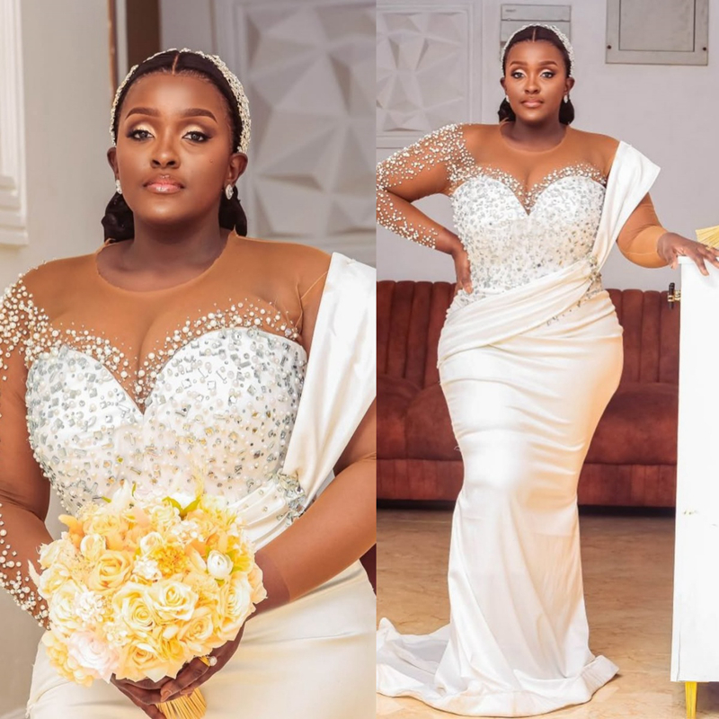 Plus Size Ivory Aso Ebi African Wedding Dress Bridal Gown For Bride Mermaid Wedding Gowns Sheer Neck Long Sleeves Beaded Rhinestones Bridal Dress D613
