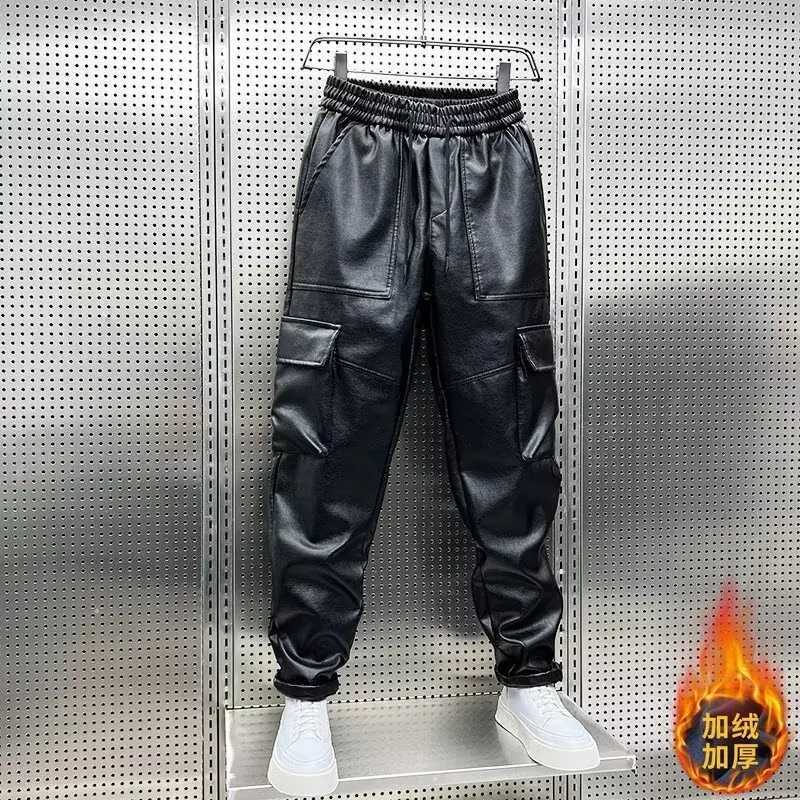 Mens Leather Motorcycle Cargo Pants Multi-Pockets Black PU Pants Men Elastic Waist Mopping Trousers Luxury Elastic Waist Pants W250819