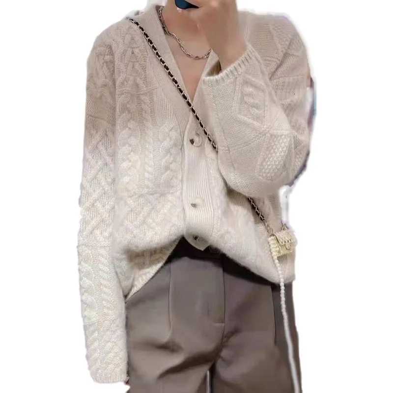Heavy and Thick Twist Flower V-neck Cashmere Knitted Cardigan Women Autumn and Winter Lazy Loose Sweater Every Sweater Overcoat XJ250819