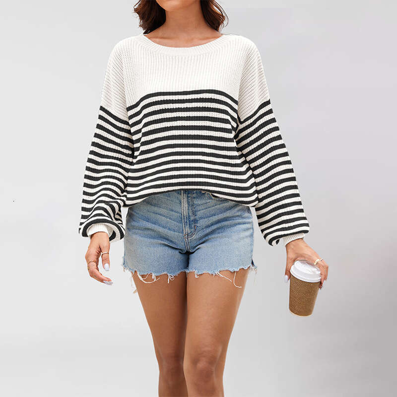 Autumn Winter New Women's Tiktok Casual Striped Color Block Knitted Round Neck Plus Size Sweater Top B5