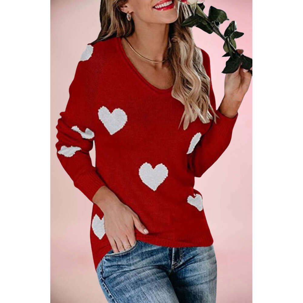 Autumn Winter New Temu Loose Heart Valentine's Day V-Neck Women's Pullover Sweater B5