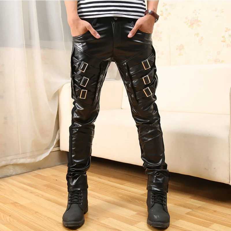 Mens Pu Patchwork Leather Pants Casual Punk Motorcycle Leather Trousers Fashion Buttons Splicing Leather Pants W250819