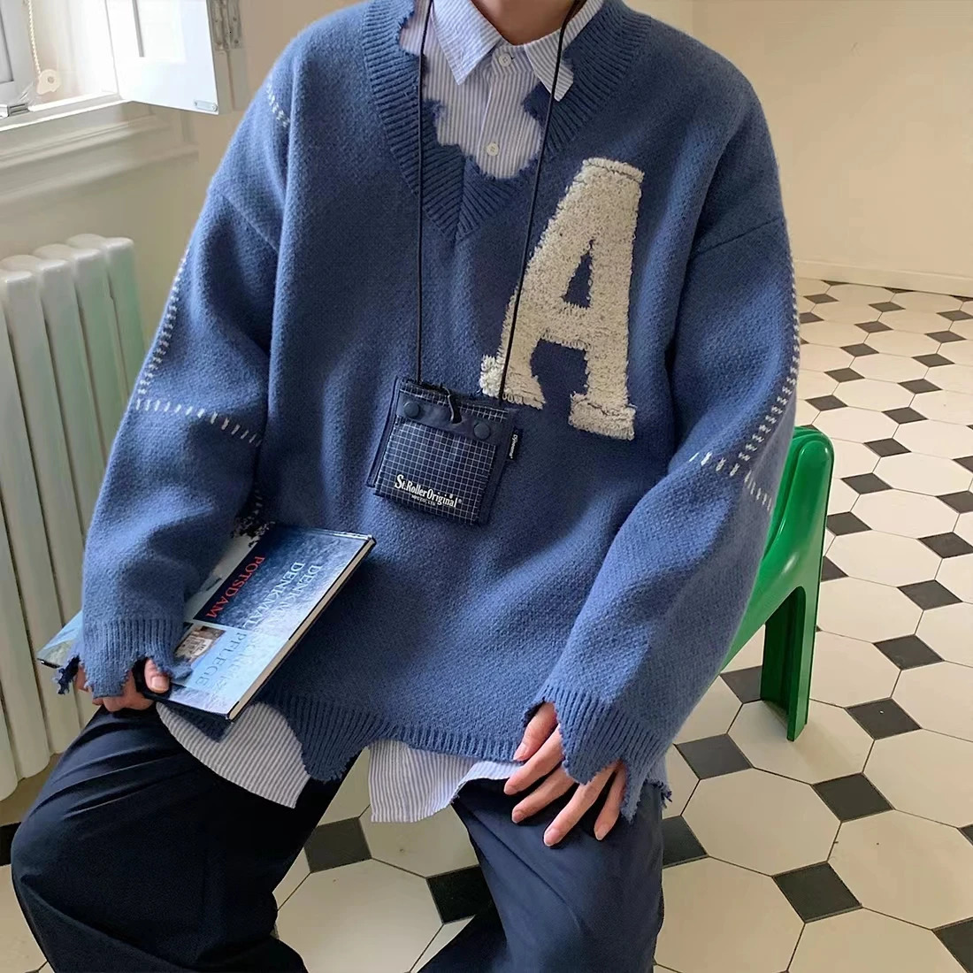 Irregular Hem Frayed Letter y V Neck Casual Sweaters Men and Women High Street Retro Pullover Knitted Autumn Clothes 250819