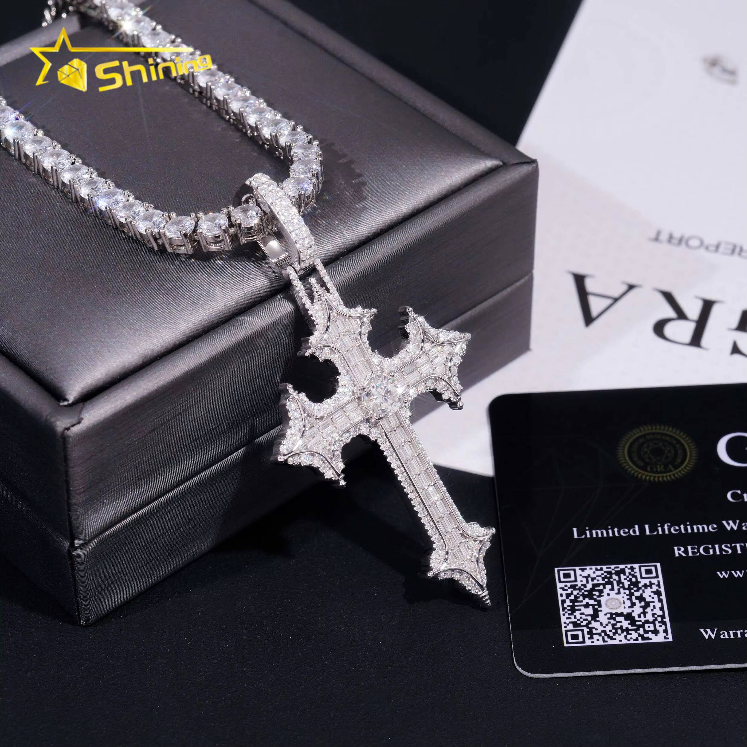 Stock Passes Diamond Tester 925 Sterling Silver Cross Pendant Necklace Hip Hop Jewelry Vvs Moissanite Mens Cross Pendant Charm