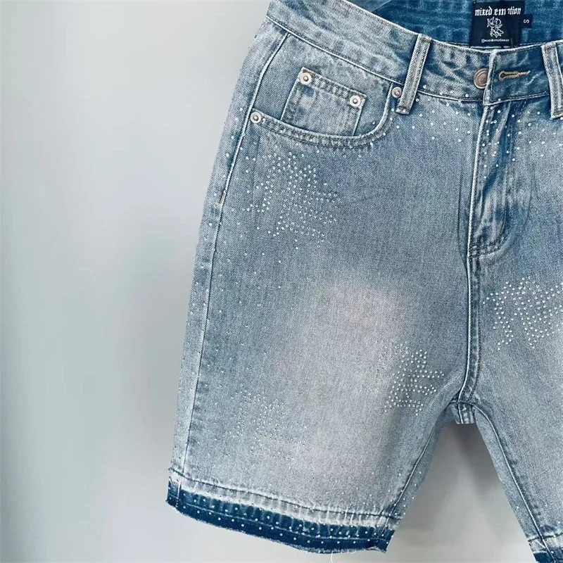 American High Street MIXED EMOTION Mens Jeans Washed Blue Drill Print Oversized Denim Shorts 250819