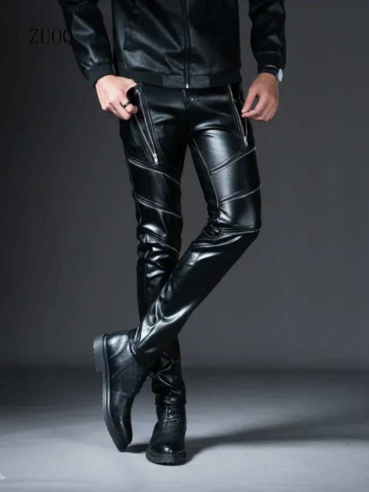 New Winter Mens Skinny Biker Leather Pants Fashion Faux Leather Motorcycle Trousers For Men Stage Club Wear W250819