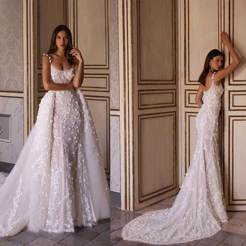 Sexy Floral Appliques Wedding Dress Elegant Spaghetti Straps Lace Mermaid Bride Dresses Customized Sleeveless Bridal Gown