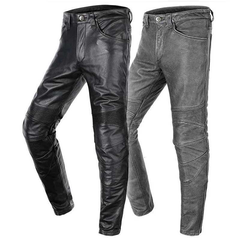 Mens Cowhide Trousers For Man High Quality Moto Biker Slim Pants Can Install Knee Protectors Motorcycle Genuine Leather Pants W250819