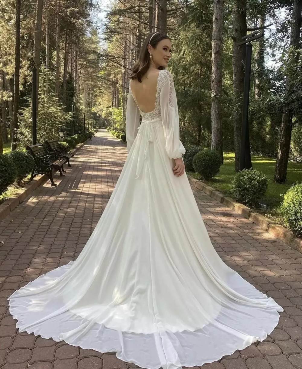 Sexy Beach Boho Plus Size A Line Wedding Dresses Bridal Gown with Long Sleeves Backless Sweep Train Lace Chiffon Country Garden Custom Made vestidos d