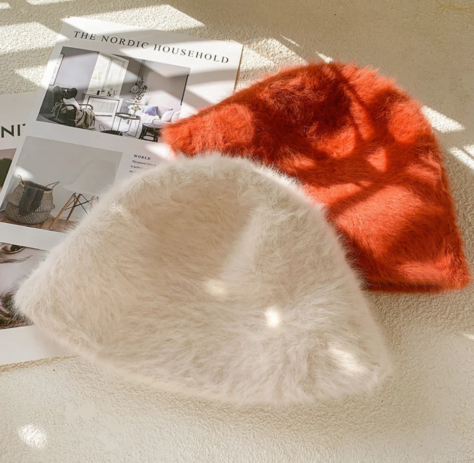 Womens Winter Rabbit Fur Bucket Hat Warm Knitted Fisherman Beret for Cold Weather Korean Japanese Style Unisex Outdoor Travel 250819