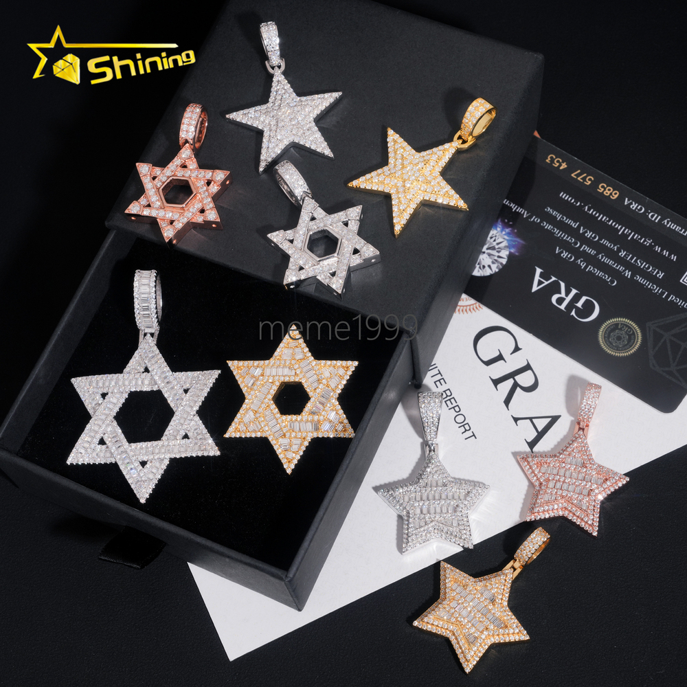 New Design Fine Jewelry Solid 925 Sterling Silver Gold Plating Hip Hop VVS Diamond Necklace Moissanite Iced Out Star Pendant