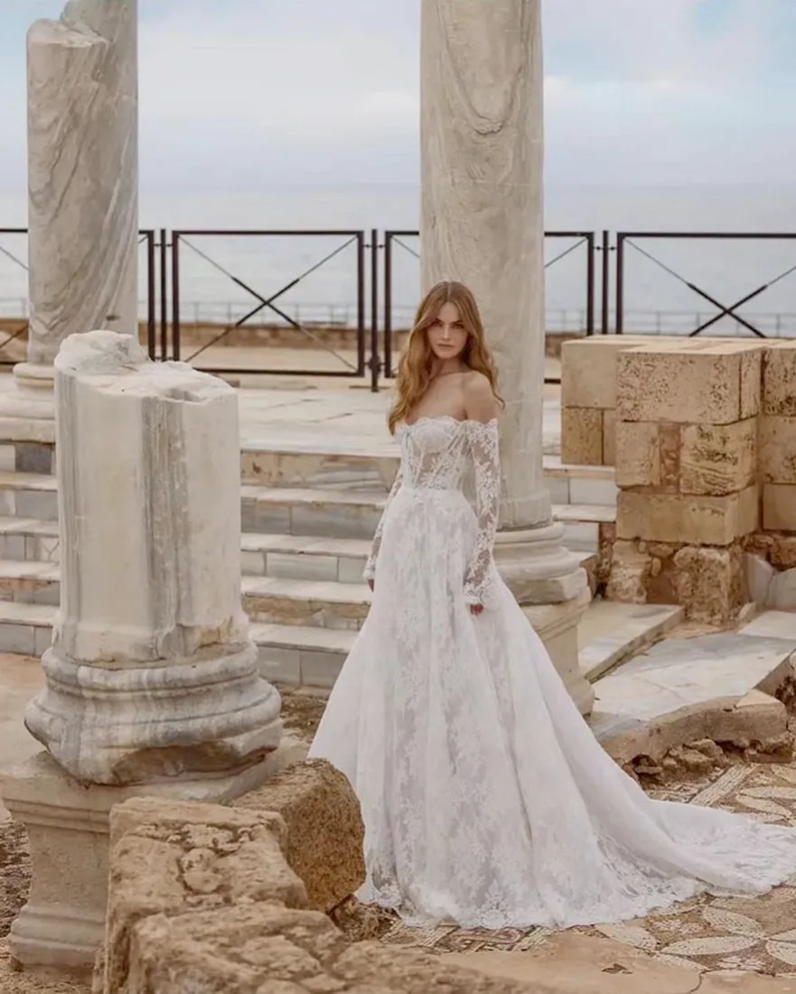 Lace A Line Wedding Dresses Detachable Sleeves Strapless Modern Floor Length Backless Bridal Gown Vestidos De Novia