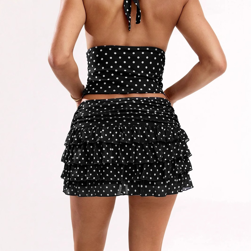 D9794 Womens Fashion Sexy Polka Dot Print Halter Neck Tank Top Ruffled Short Skirt Set