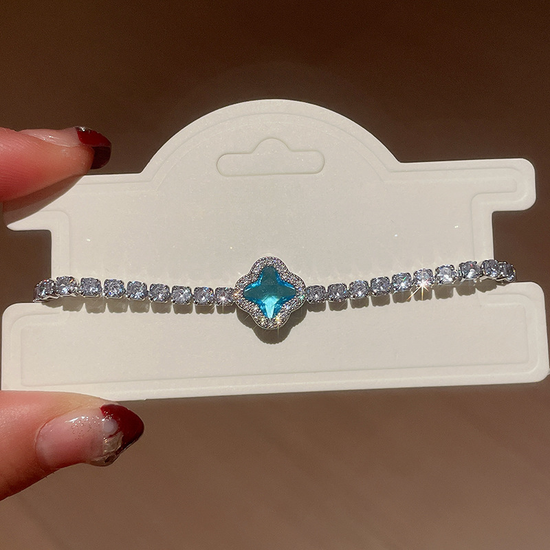 Silver Tone Clover - Shaped Blue Stone Bracelet With Crystal Accents Elegant Daily And Party Wear Gift For Her High Quality And Stylish Jewelry