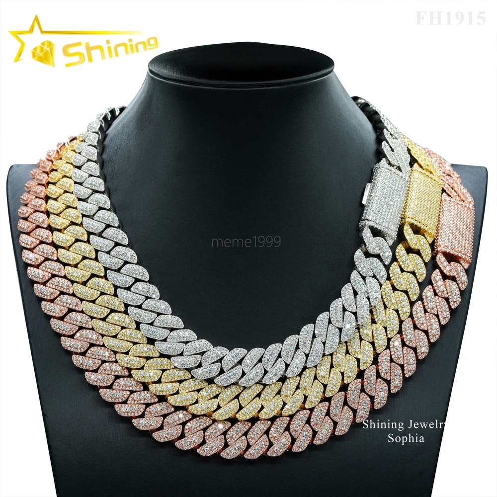 Raise Diamond Design 15MM 3Rows Iced Out Hip Hop Fashion Design Rapper Men Jewelry Moissanite Diamond Miami Cuban Link Chain